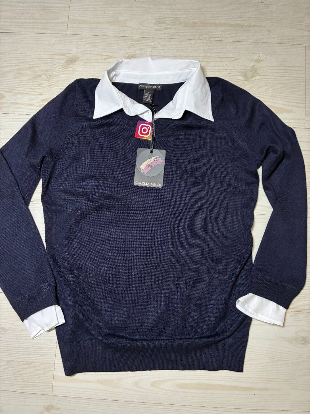 Carolyn Taylor Women's Faux Layered Sweater Navy Blue Collared Pullover Size XL